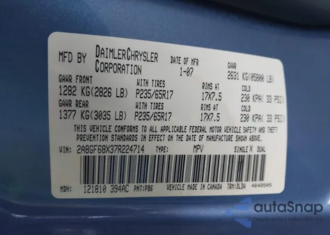 2007 Chrysler Pacifica Touring z USA, uszkodzony, nr VIN 2A8GF68X37R224714